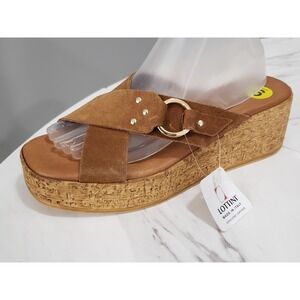 NEW NO BOX SZ 9 - LOTTINI Wedge Sandals Gold‎ Brown Suede Buckle Open Toe Boho